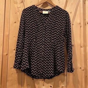 Anthropologie Maeve Polka Dot Navy Long Sleeve Button Down Tuxedo Pleated Size S